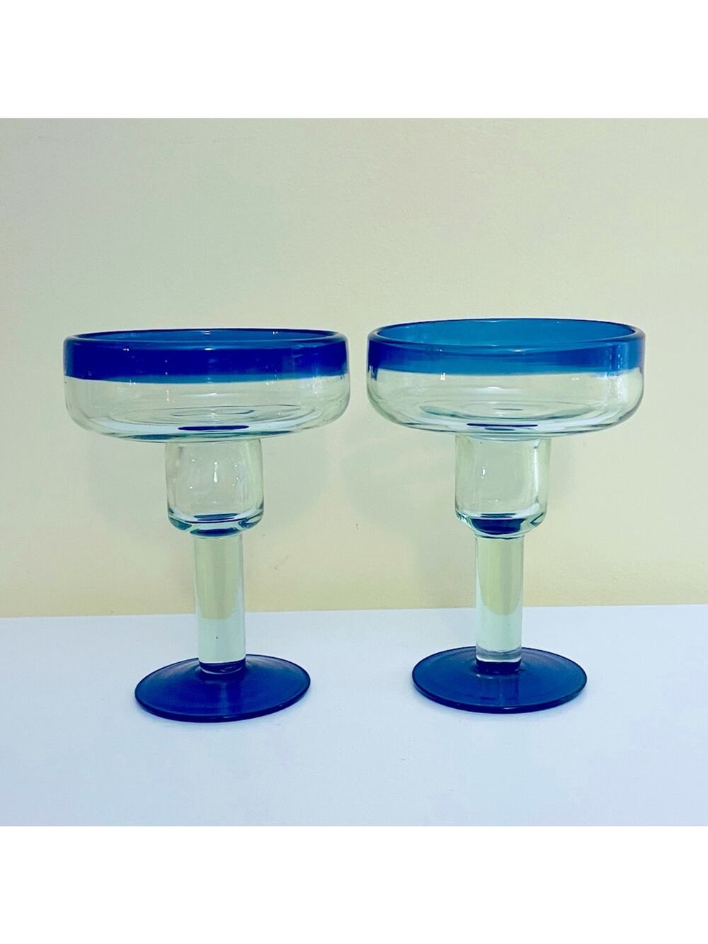 2 Hand Blown Cobalt Blue & Clear Margarita Glasses Bar Accessories